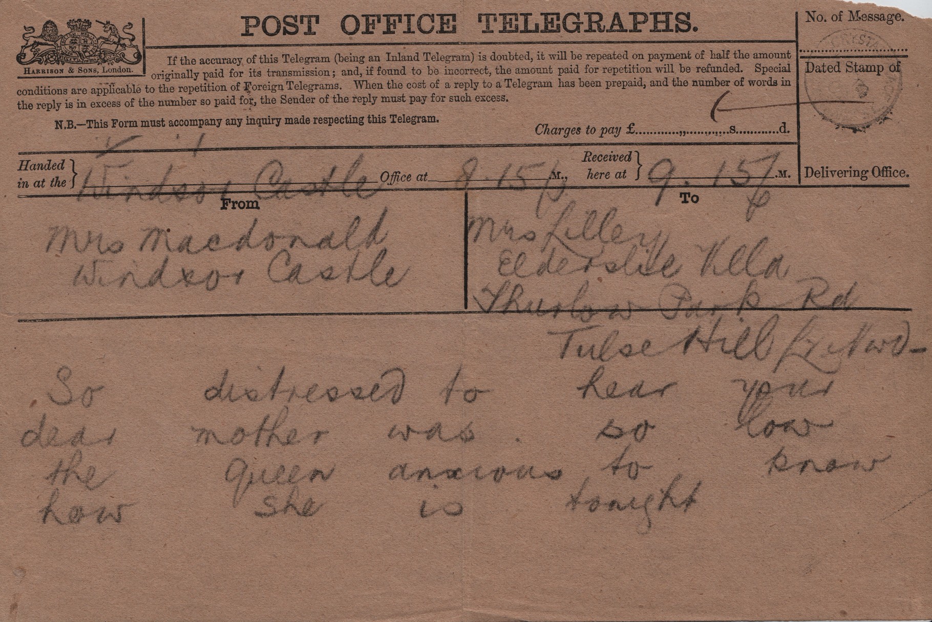 1882 April Telegram from AMcD on healf of Queen to JHL