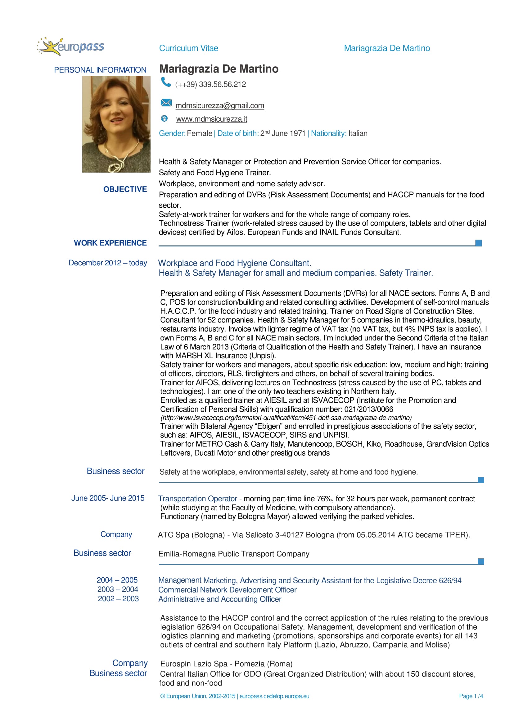 cv in inglese sicurezza sul lavoro dr ssa mariagrazia my curriculum vitae