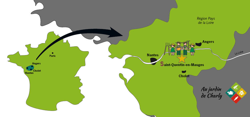 carte de france où on voit en détail où se trouve le jardin de Charly, à Saint-Quentin-en-Mauges, à peu près au milieu du triangle Nantes / Angers / Cholet