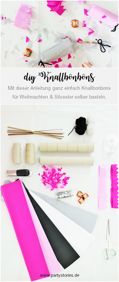 Knallbonbons selber machen - mit dieser Schritt-für-Schritt Anleitung schöne DIY Knallbonbons basteln, die nicht nur für Silvester eine schöne Deko Idee sind; gefunden auf www.partystories.de