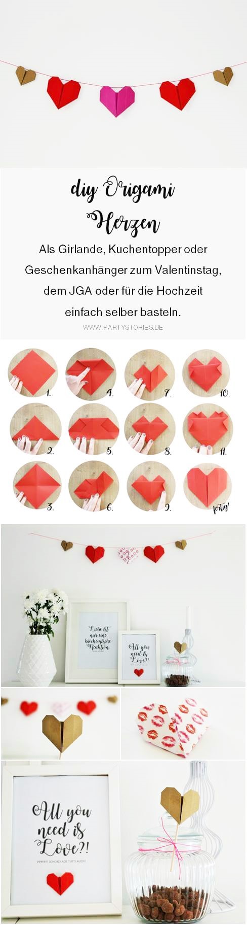 Bild: DIY Origami Herzen zum Valentinstag oder die Hochzeit selber basteln, einfache Origami Herzen mit dieser Anleitung falten, inklusive Bastelvorlage für Origami Herzen; gefunden auf www.Partystories.de