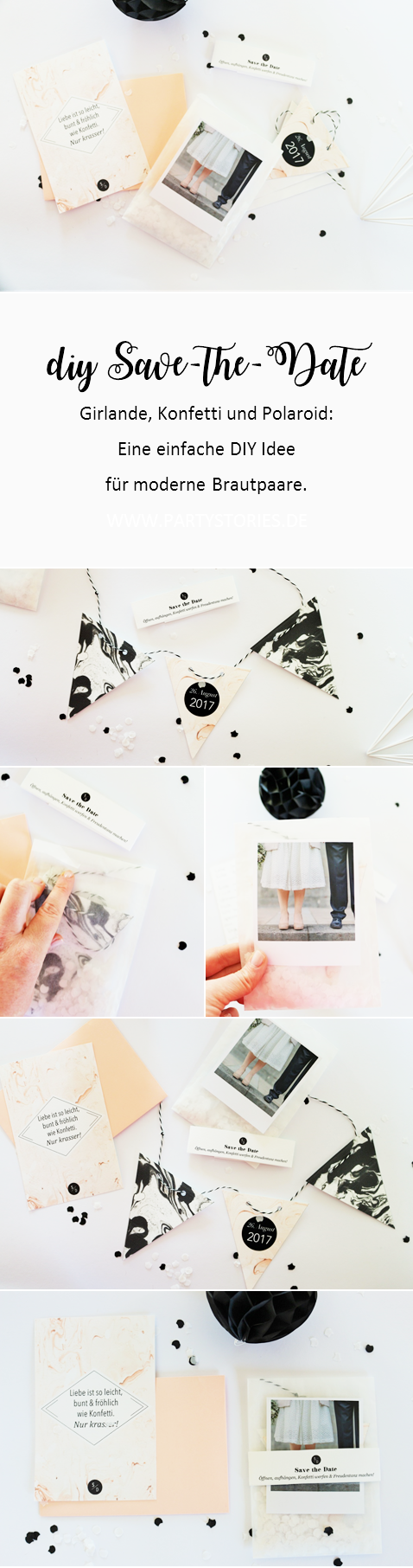 Bild: DIY Save-the-Date Ideen zum selber machen für die Hochzeit, Babyparty oder den Geburtstag gesucht? Probier's mal mit dieser DIY Alternative zur Karte: Als Girlande! gefunden auf www.partystories.de