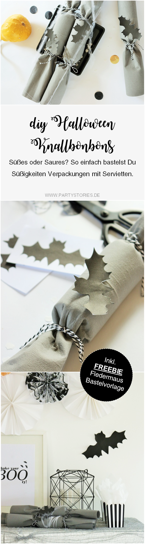 Bild: Eine schnelle last-minute Idee, um Halloween Süßigkeiten zu verpacken - als Knallbonbons mit Toilettenpapier-Rollen Upcycling und Servietten, inkl. Fledermaus Bastelvorlage; noch mehr DIY Ideen für Halloween gibt's auf www.partystories.de