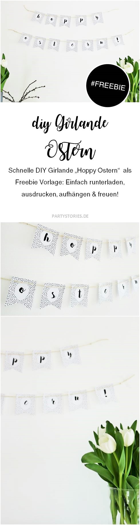 Bild: DIY Oster Deko Girlande - Mit dieser Freebie Bastelvorlage Oster Deko ganz einfach selber basteln; gefunden auf www.partystories.de