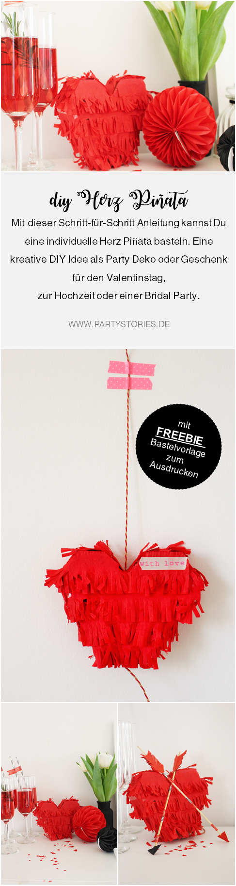 Bild: DIY HERZ PINATA // Eine DIY Herz Pinata als kreative Idee für Party Deko oder Geschenk Idee zum Valentinstag oder eine Hochzeit mit dieser Anleitung und Bastelvorlage einfach selber machen; gefunden auf www.partystories.de
