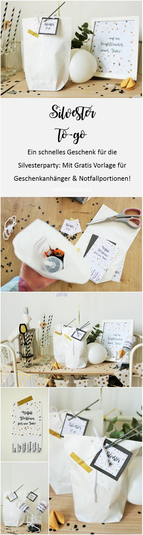 Bild: eine schnelle DIY Geschenk Idee für Silvester und die Silvesterparty, Silvester to-go - mit Glückskeksen, Wunderkerzen, Konfetti und Mitternachtsküsschen, gefunden auf www.Partystories.de