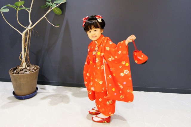 七五三の3歳の女の子。着物の着付けとヘアセットをさせていただきました