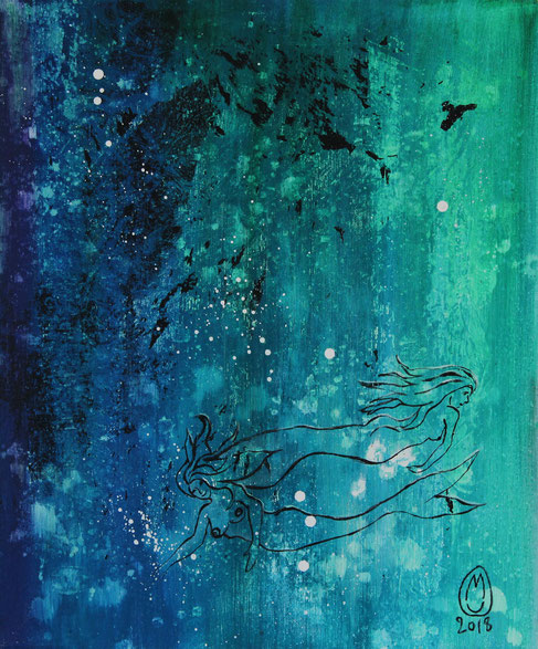 "Les sirènes de l'étang bleu de Paimpont"-acrylique sur toile-54*65-location/mois:10€-2018-430€