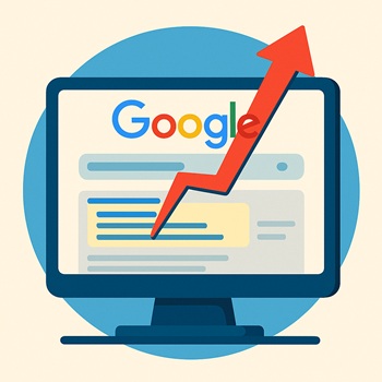Symbolbild für verbessertes Google-Ranking – roter Aufwärtspfeil auf Computerbildschirm mit Google-Suchergebnissen