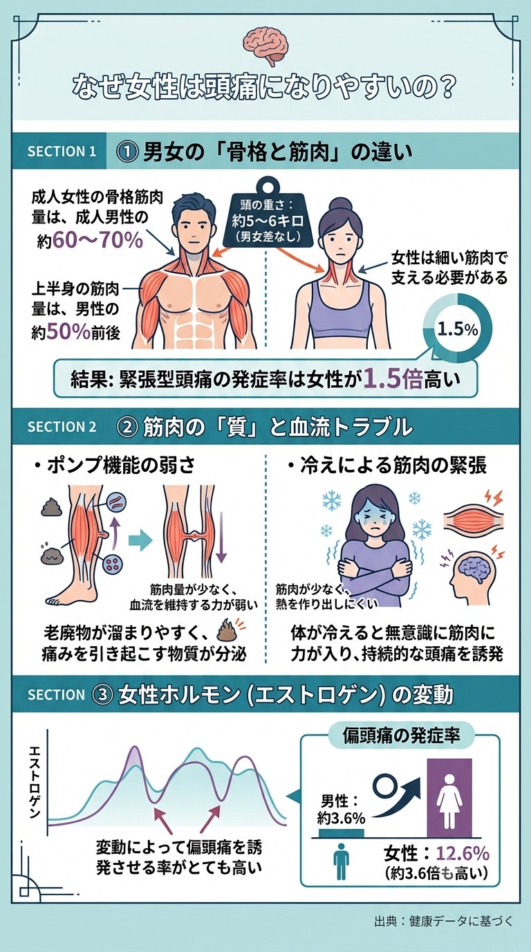 【女性の方が男性よりも頭痛が起こりやすい理由と詳細】