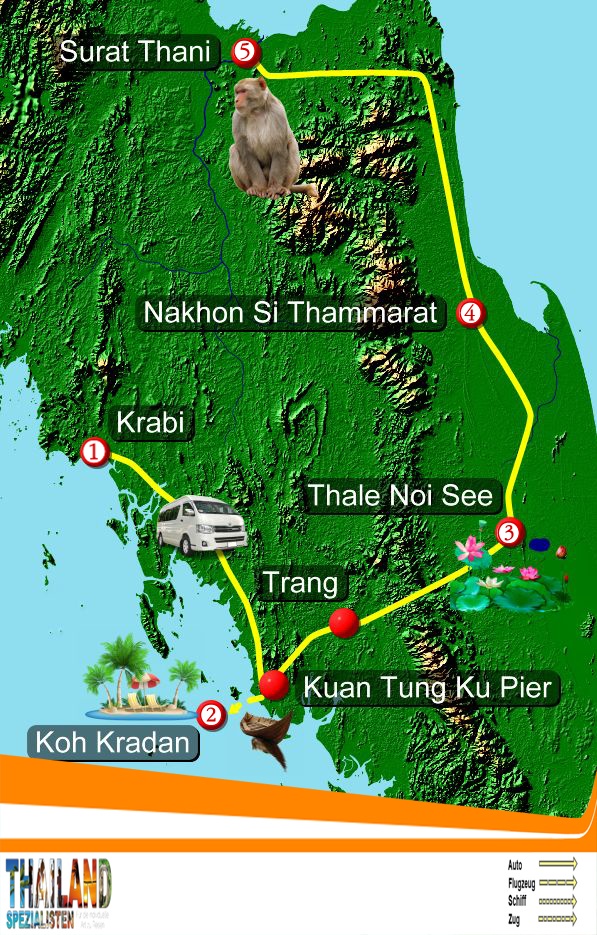 Karte dieser Rundreise: Südthailand, der südliche Teil