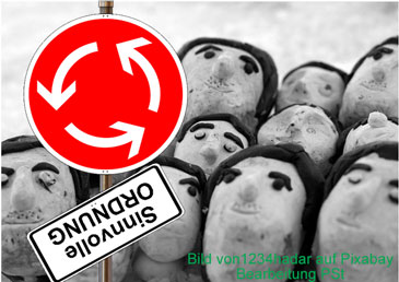 Enggedrängte Köpfe, verwirrendes Schild