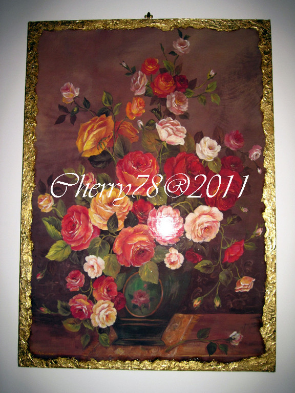 Tela 50x70, fiori fiammingo, bordo materico foglia oro anticata a bitume, finitura flatting gel