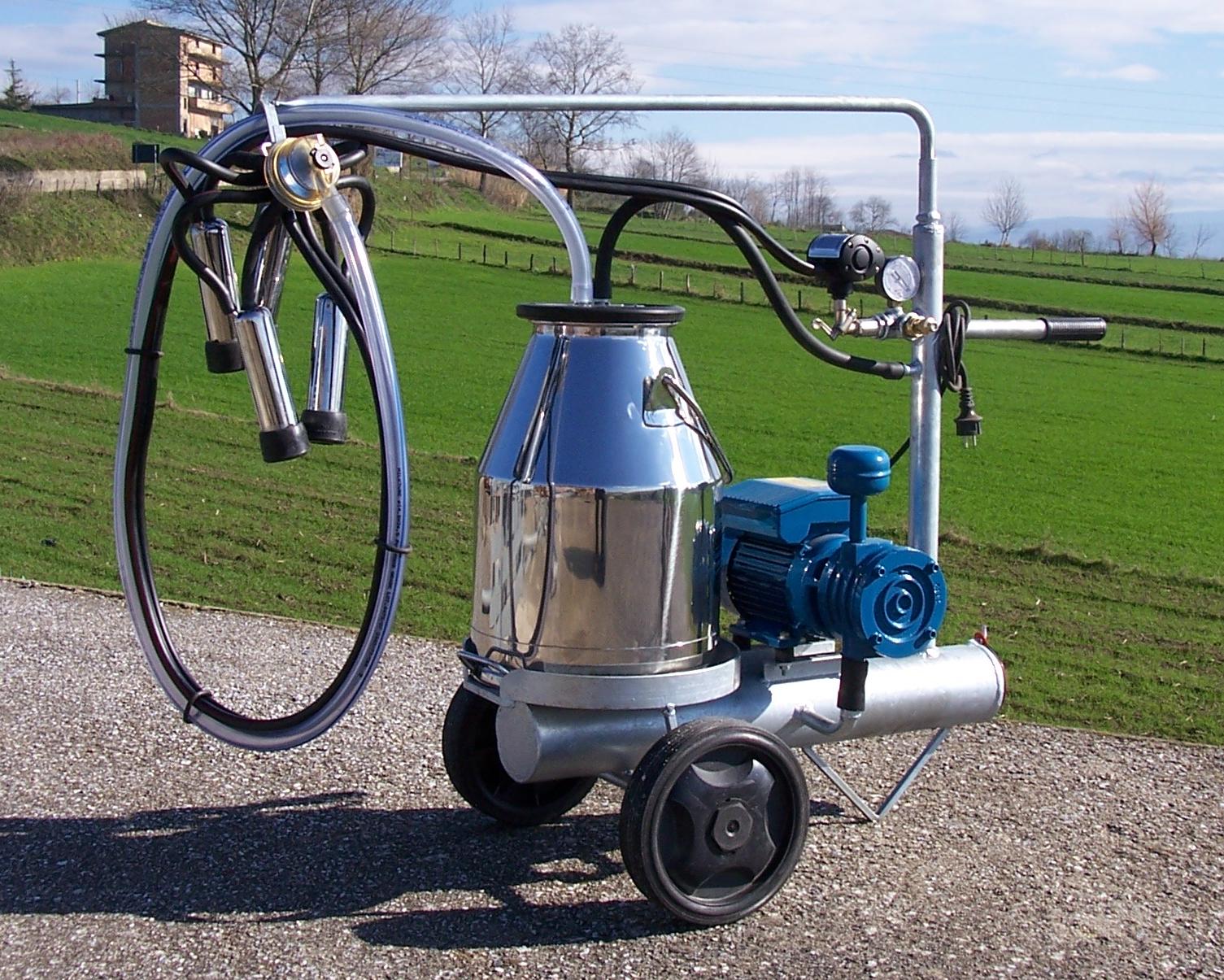 Mungitrice a carrello zincato, pompa per vuoto mod. PT1 da 200 litri a 50 kpa, motore elettrico 220V HP1. Secchio 25 litri in acciaio inox, 1 gruppo mung. 150cc 1 pulsatore 60/40, completa.