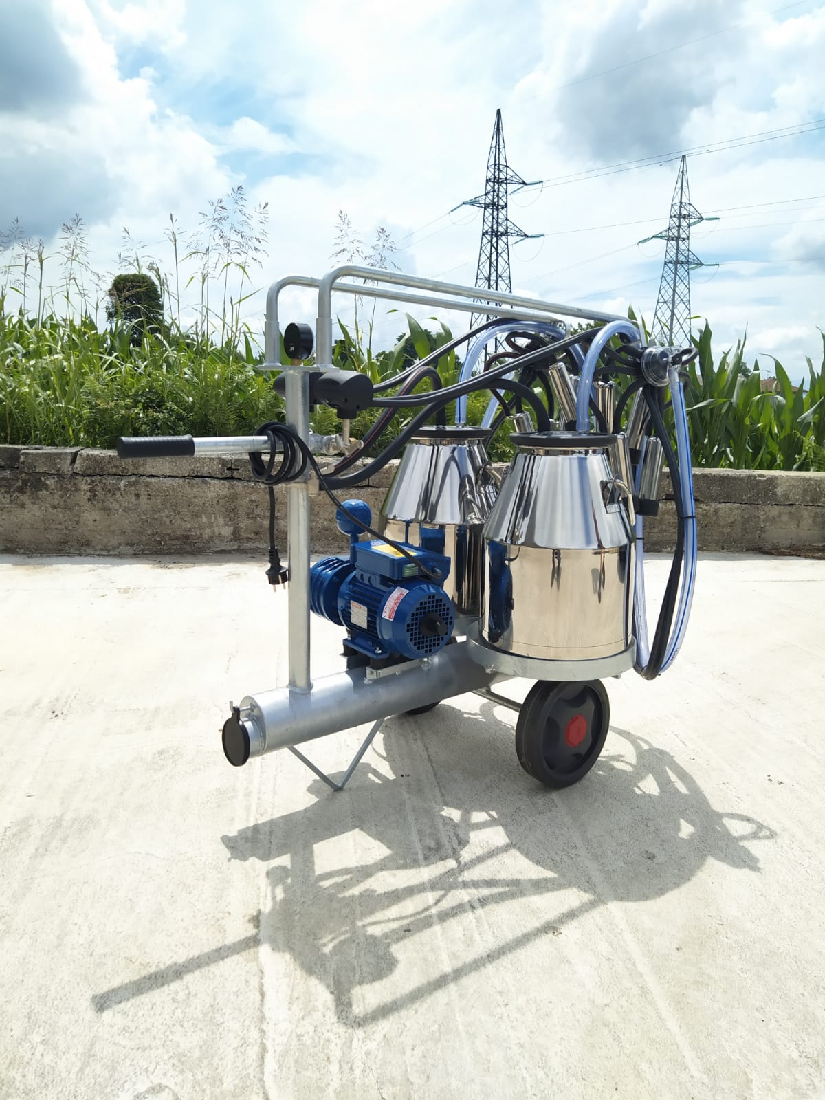 Mungitrice a carrello zincato, pompa per vuoto mod. PT1 da 200 litri a 50 kpa, motore elettrico 220V HP1. Secchio 25 litri in acciaio inox, 2 gruppi mung. 150cc 1 pulsatore 60/40, completa.