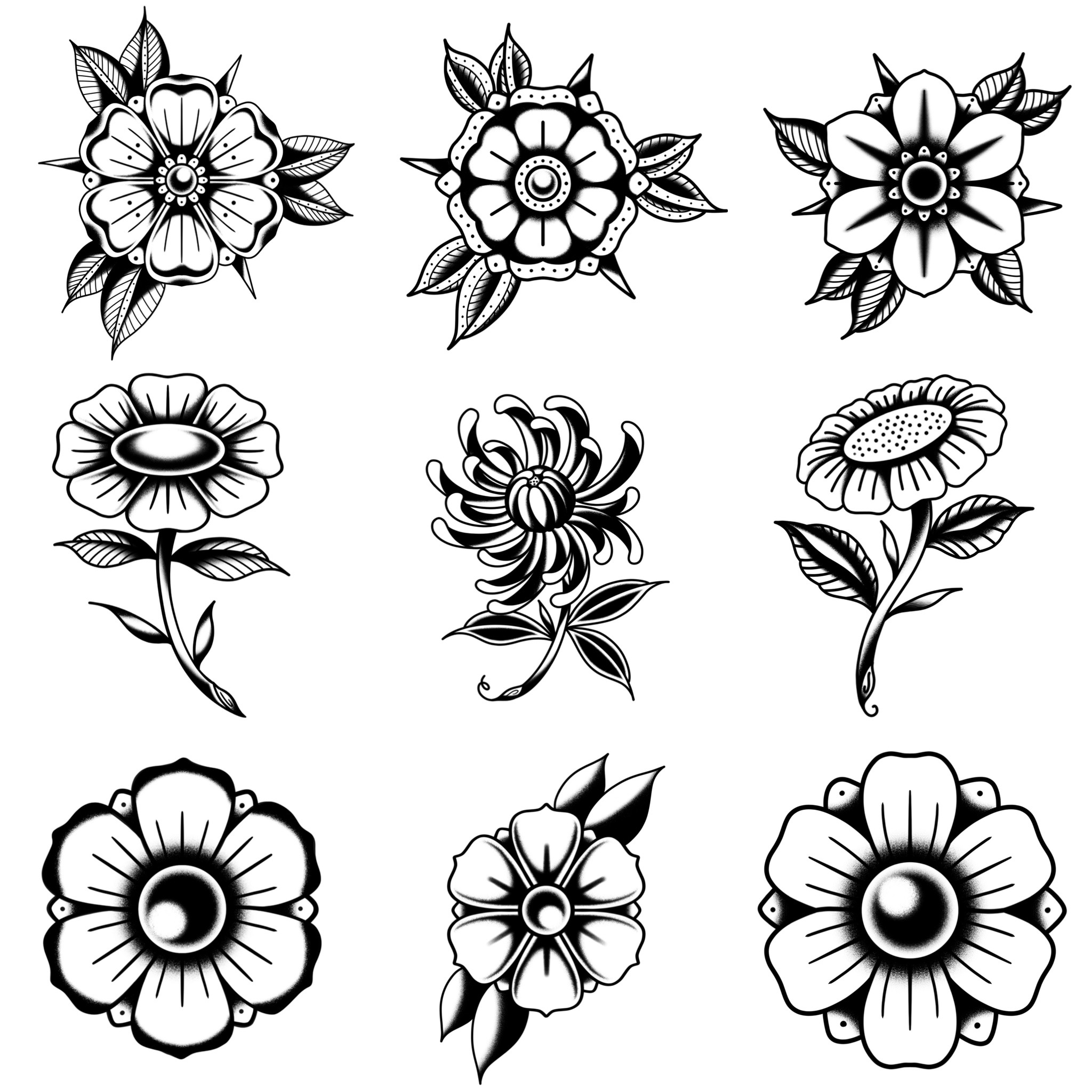 ブラックトラディショナル　トラディショナル定番の花モチーフのデザイン　タトゥーデザイン　トラディショナル　《東京タトゥースタジオ》