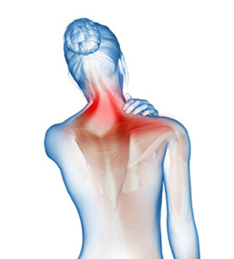 A blue torso image indicating pain on the shoulder area with red patches.