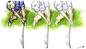 Darstellung der verschiedenen Golfschäfte u.Zeichnung verschiedener Schwungphasen beim Golfschlag