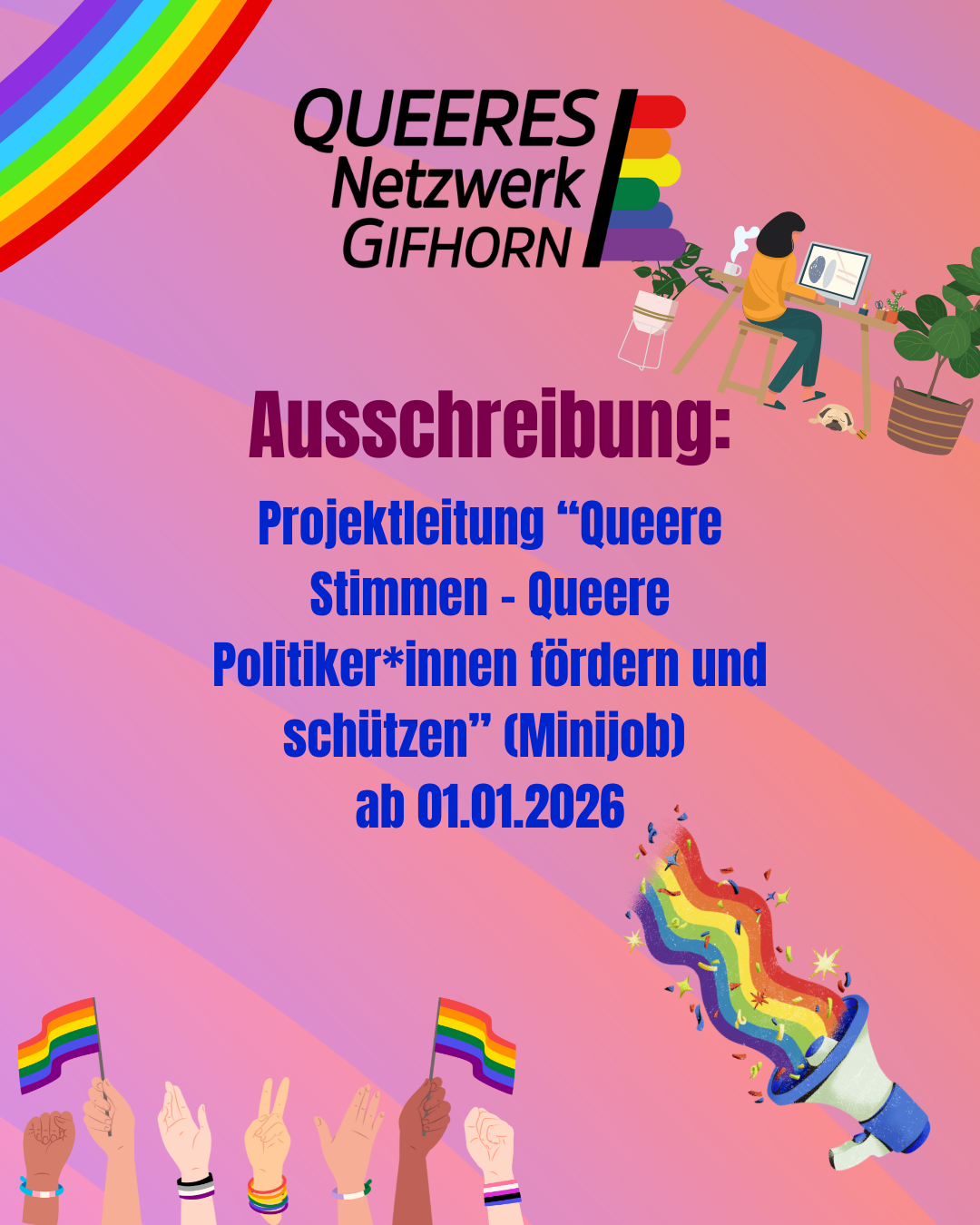 Ausschreibung: Projektleitung „Queere Stimmen – Queere Politiker*innen fördern und schützen“ (Minijob) im Landkreis Gifhorn – ab 01.01.2026