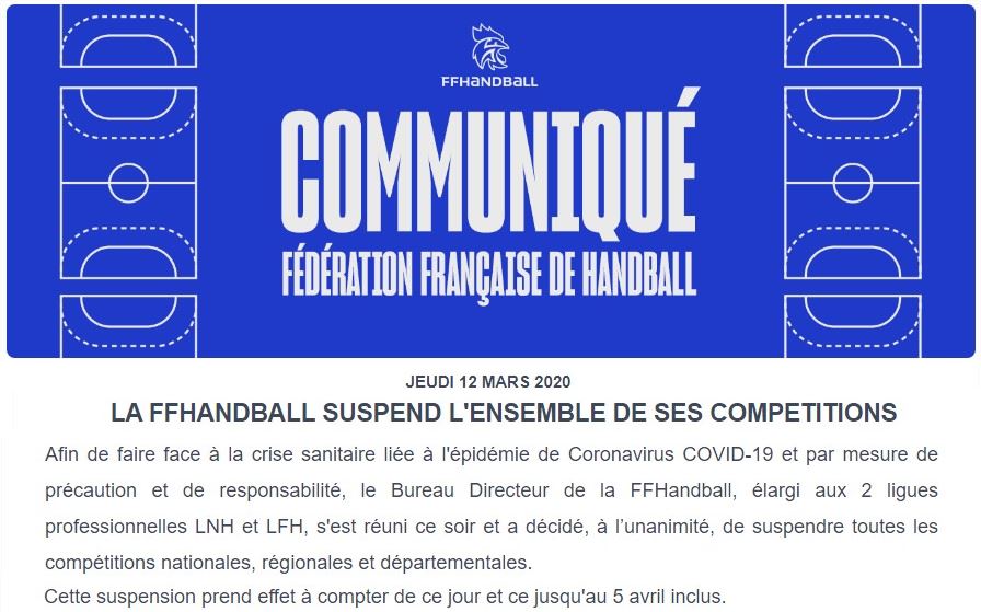 Communiqué de la Fédération Française de handball sur le Covid-19