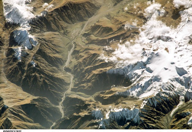 Georgian military road, town Kasbegi, Mount Kasbek, Greater Caucasus, Georgia (North to South)