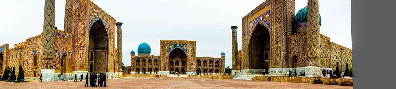 The Registan and its three madrasahs. From left to right: Ulugh Beg Madrasah, Tilya-Kori Madrasah and Sher-Dor Madrasah.