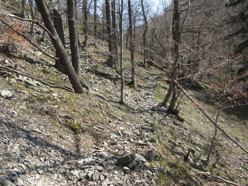 Ein schlecht erkennbarer und schwieriger Fußweg führt in das Tal