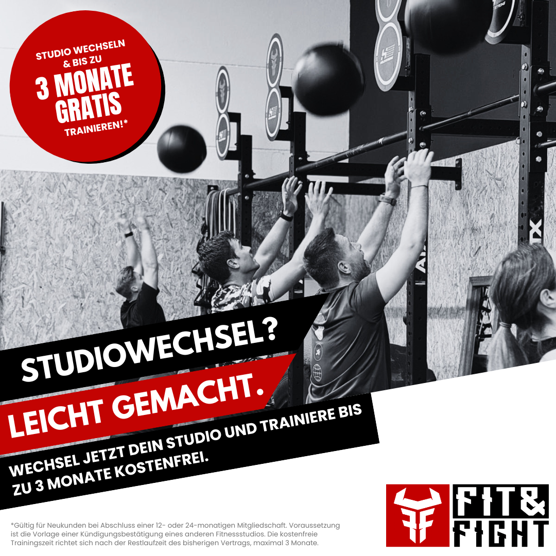 Studiowechsel-Angebot: Bis zu 3 Monate gratis trainieren bei Abschluss einer Mitgliedschaft im Fitness- und Kampfsportstudio.