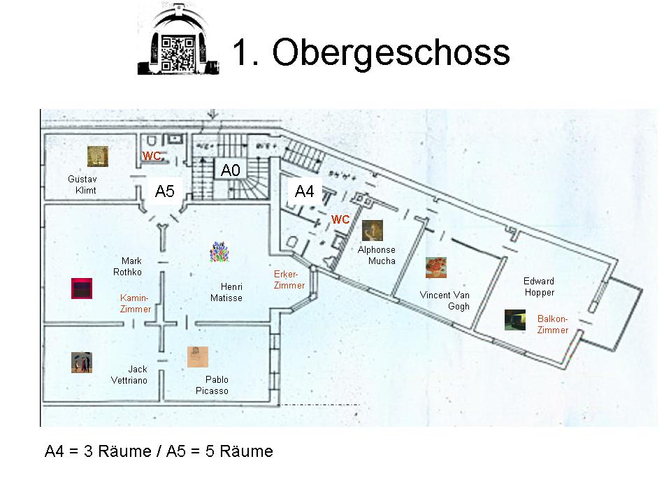 Jeder Raum der Villa Artis trägt einen berühmten Namen Edward Hopper, Pablo Picasso, Mark Rothko, Henri Matisse, Alphone Mucha, Vincen Van Gogh, Edward Hopper  (Plan von Architekten Pfeifer und Goßmann)