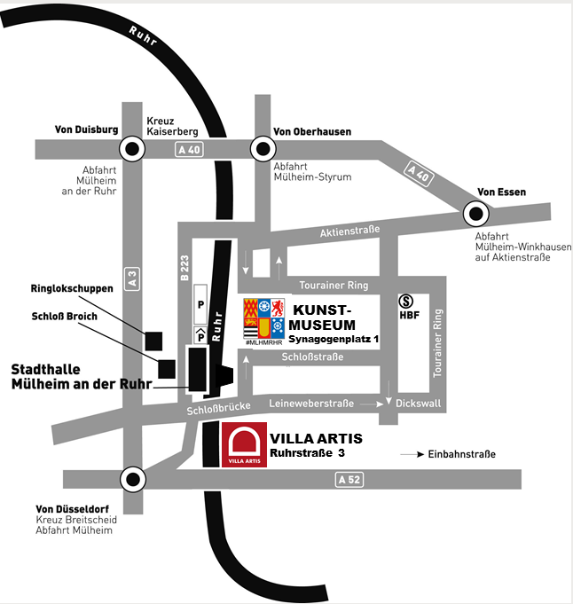 Aktueller Stadtplan Mülheim an der Ruhr von 2026  -  Einzeichnung: Ringlokschuppel, Stadthalle, Schloss Broich, MMKM Museum Moderne Kunst Mülheim, VILLA ARTIS, Synagogenplatz 1, HBF 