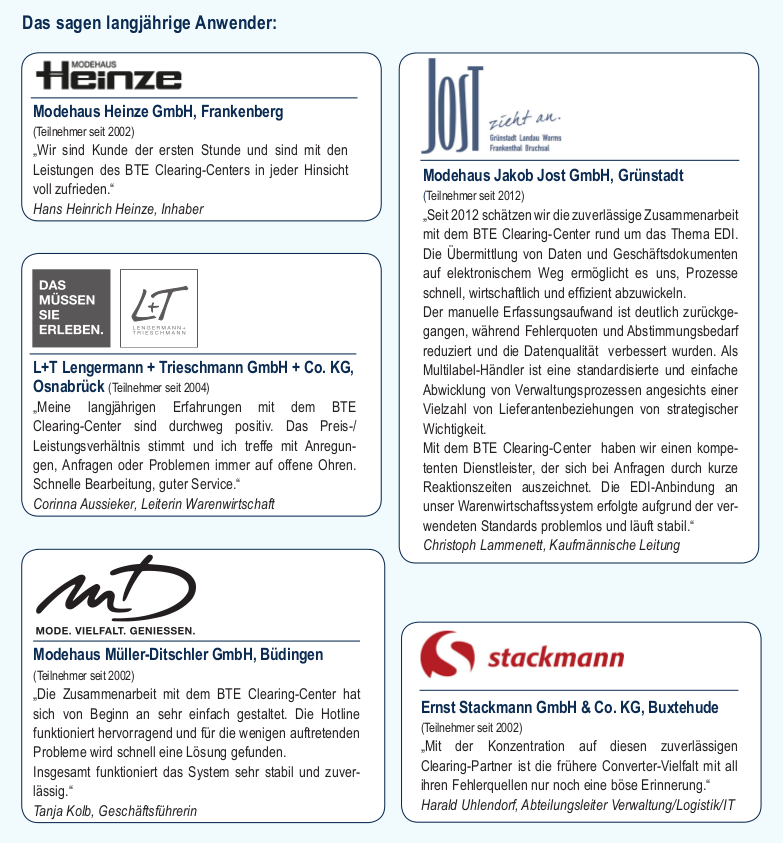 Langjährige Anwender empfehlen das BTE Clearing-Center