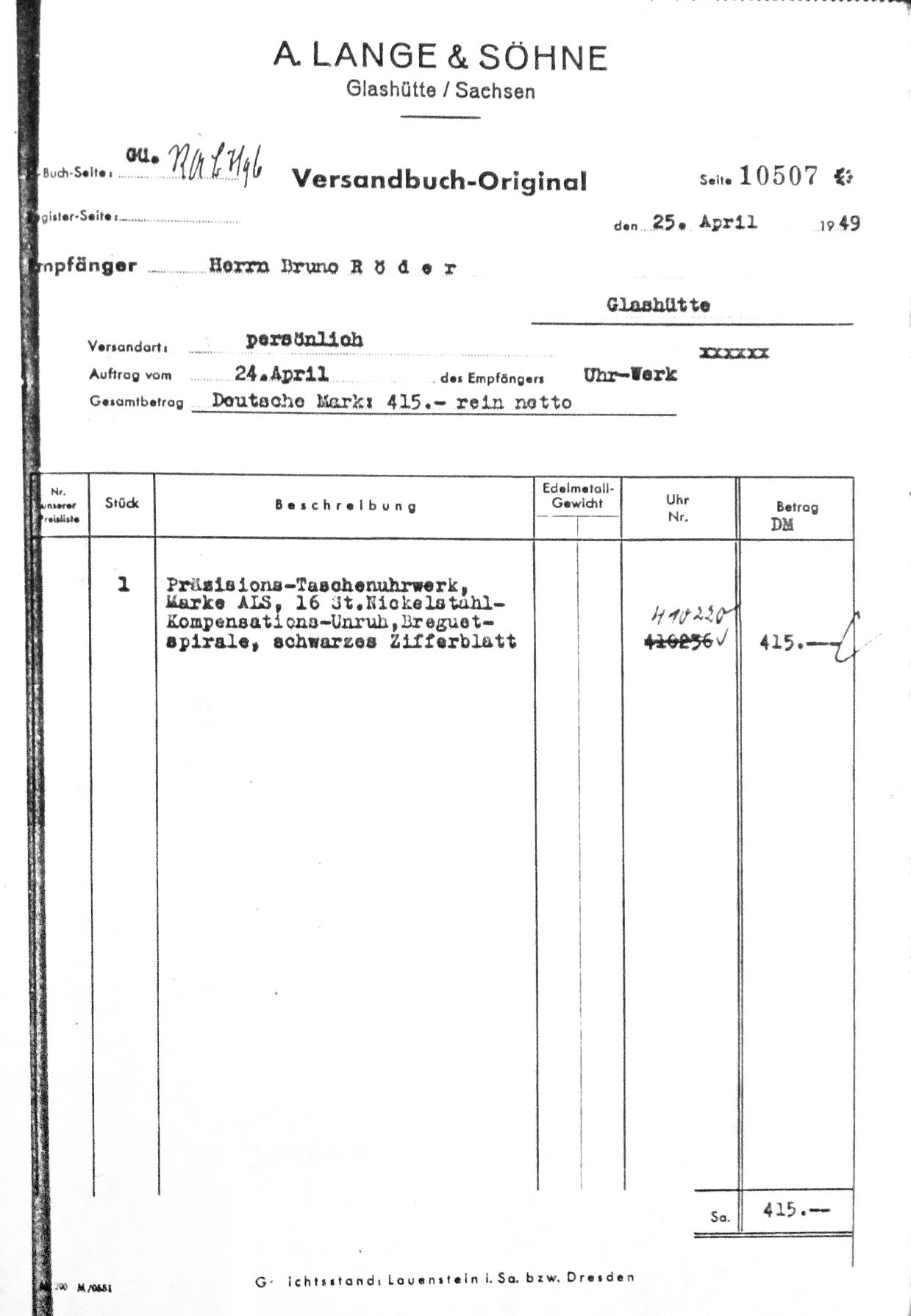 Verkaufsbeleg von 1949