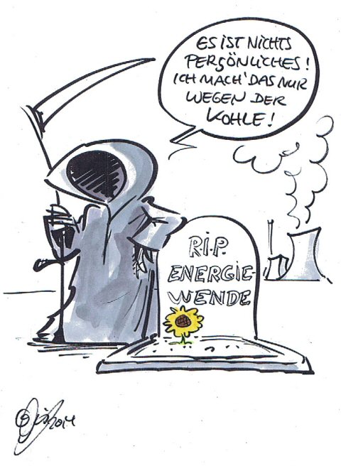 Beerdigung der deutschen Energiewende (Karikatur von Michael Hüter /https://www.volker-quaschning.de/Michael-Hueter/index.php)