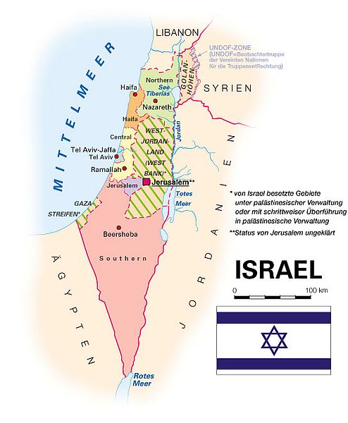 Karte mit Israel und den Palästinensergebieten (https://www.kooperation-international.de/laender/asien/israel/allgemeine-landesinformationen)