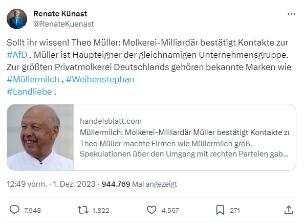 "Sollt ihr wissen!" schreibt Grünen-Politikerin Renate Künast auf Twitter, am 01. 12. 2023. Das ist für mich so eine denunziantenartige, kleinkarierte, nicht debattenfähige Haltung ... - und erinnert natürlich an das "Kauft nicht beim Juden!". 