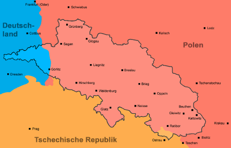 Schlesien ist hier das dunkelblau eingerahmte Gebiet, mit kleinem deutschen und tschechischen Anteil. Der Großteil ist heute polnisch. (Quelle: Schlesienportal)