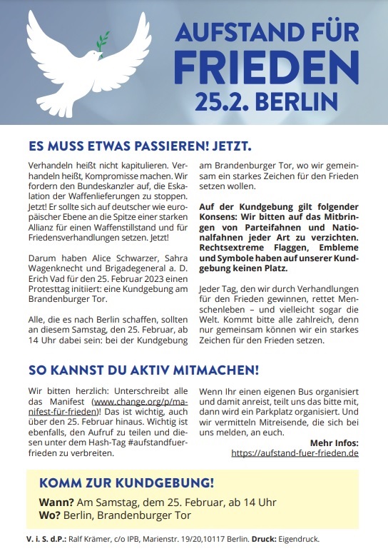 Flugblatt zur Friedens-Demo am Samstag, 25.02.2023