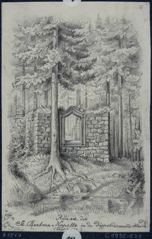 St.-Barbara-Kapelle in der Dippoldiswalder Heide auf einer Zeichnung von Max Eckardt, 1886  (Quelle: https://skd-online-collection.skd.museum/Details/Index/805154)