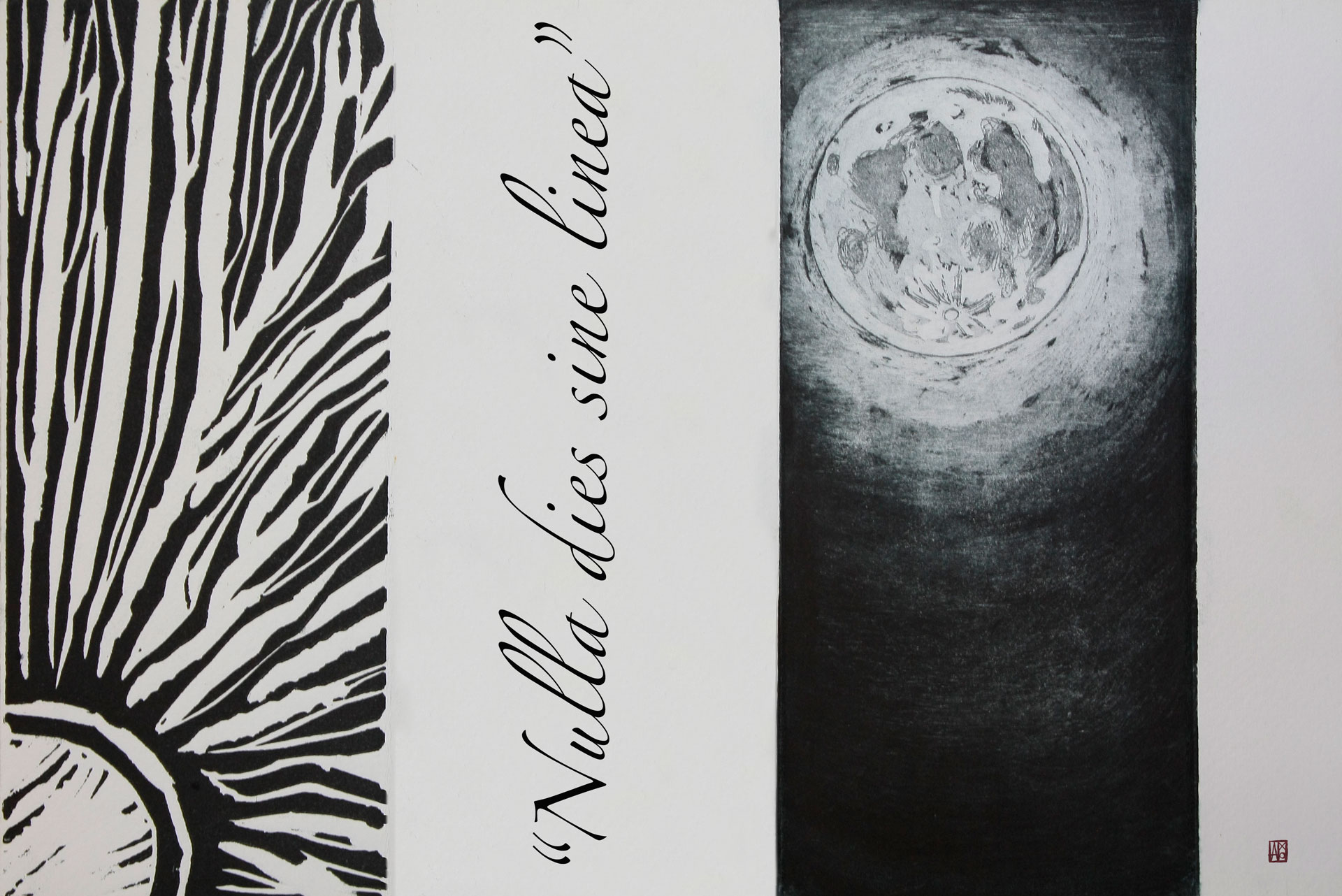 "NULLA DIES SINE LINEA"- Tríptico. Xilografía y aguatinta-20x35