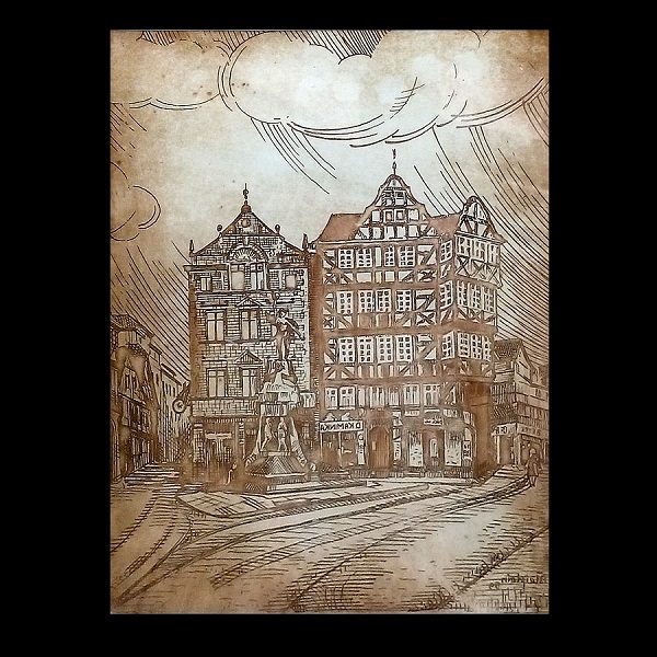 Janina Fraczek (Poland), The Old Marketplace, Giessen – Etching