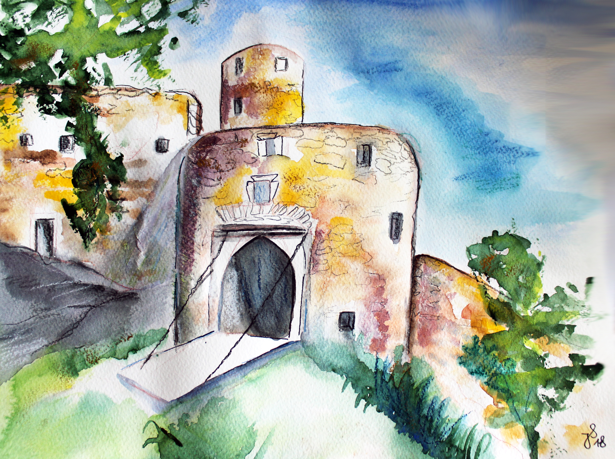 Ruine Kollmitz; Aquarell, 27 x 35 cm