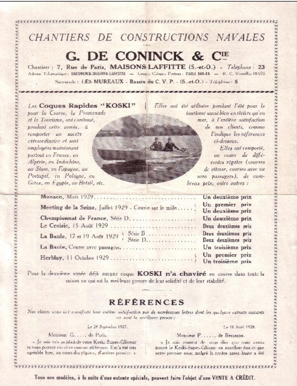 Publicité pour le chantier naval De Coninck à Maisons-Laffitte
