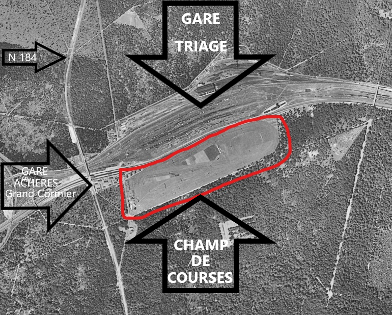 Le Champ de Courses en bordure de la gare de triage, vu du ciel en 1949