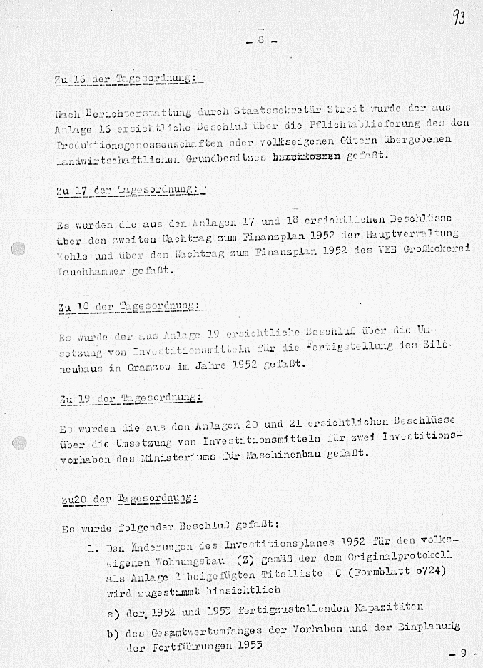 Dokument zur 97. Sitzung der Regierung vom 21.08.1952