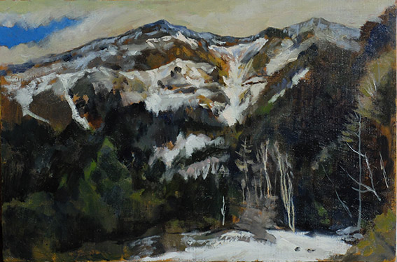 Mt.Iwodake in January   １月の硫黄岳　oil painting   油彩P６号　本沢温泉に泊まり、少し登ったところで描きました。