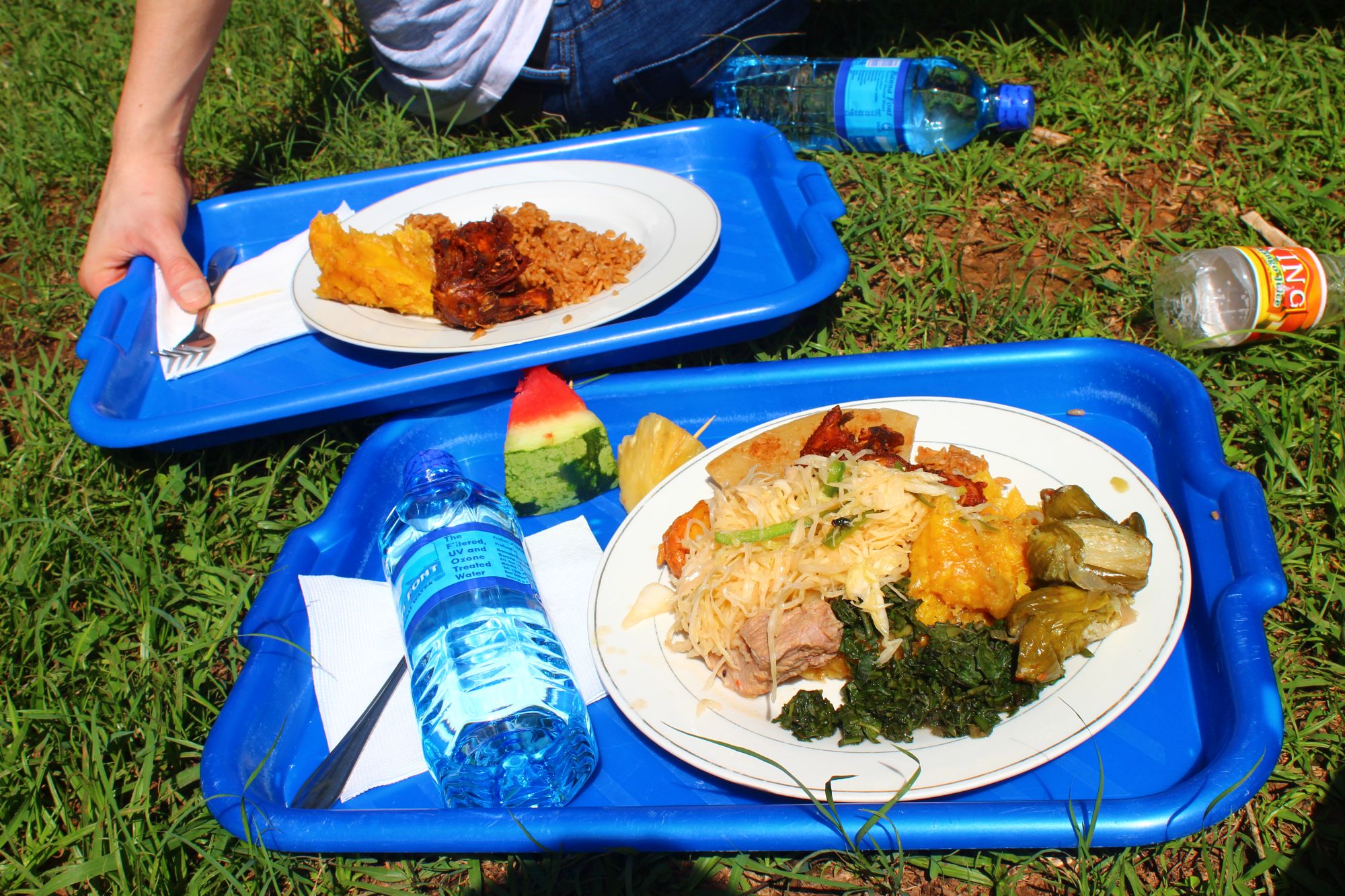 Mittagsessen: Matooke, Reis, Maniok, Chapati, Hühnchen, Kohl, Auberginen, Greenies, Erdnusssoße und ein Stück Ananas und Wassermelone. Dazu gab es für die Kids eine Soda und für die Erwachsenen Wasser.