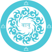 Graphisme représentant un cercle bleu avec un motif ornamental complexe au centre, encadré de caractères sanskrits, symbolisant l'élément air dans le contexte de la purification spirituelle.