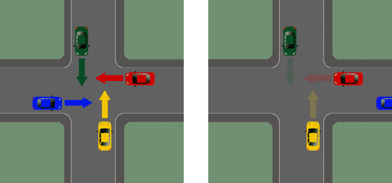 Vier Fahrzeuge bei rechts vor links