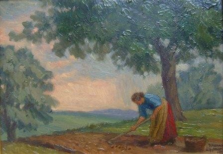 Bäuerin bei der Kartoffelernte, 1923, Öl auf Sperrholz, 25 x 35,5 cm (Privatbesitz)