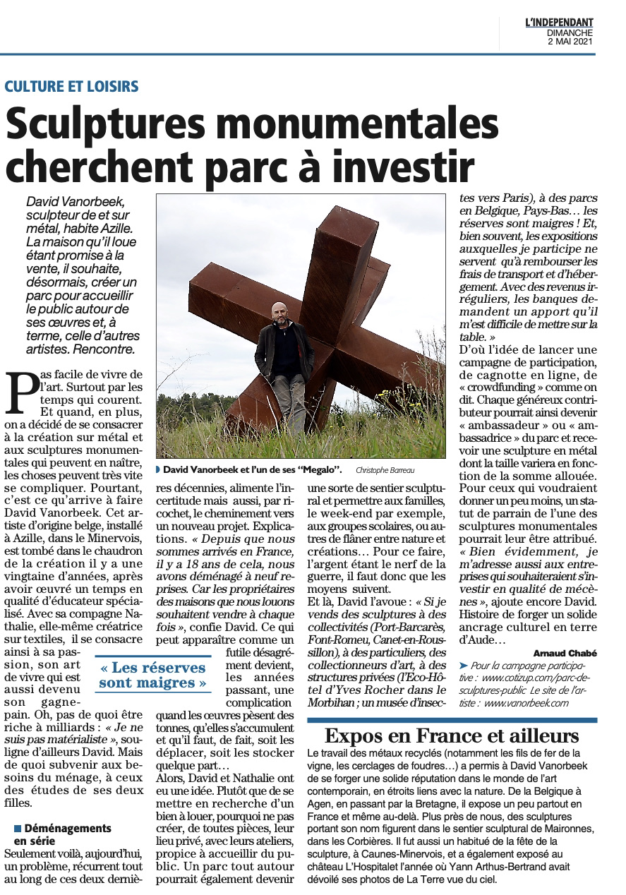 Article de Press création Parc de Sculptures Minervois Corbieres Vanorbeek avec financement participatif